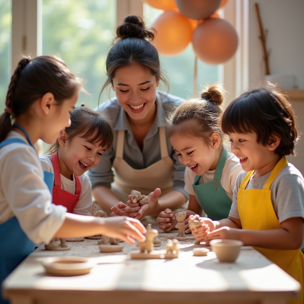 Kinder feiern Geburtstag im Atelier und formen gemeinsam Figuren aus Ton